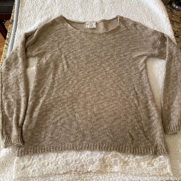 Hippie Rose Sweater Women’s Medium Beige Knit Lace Hem Pullover Casual Boho Chic - Picture 6 of 8